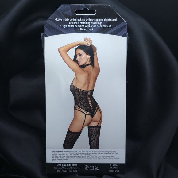 Dreamgirl Lace Teddy Bodystocking w/ Halter, Stockings, Thong Back OS Black - Picture 4 of 9